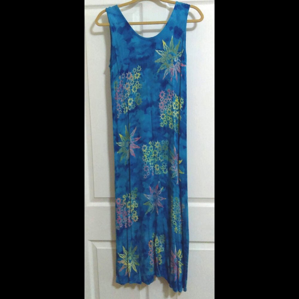 Vintage Sleeveless Tropical Beach Resort Tie Dye Round Neck Midi Maxi Dress
